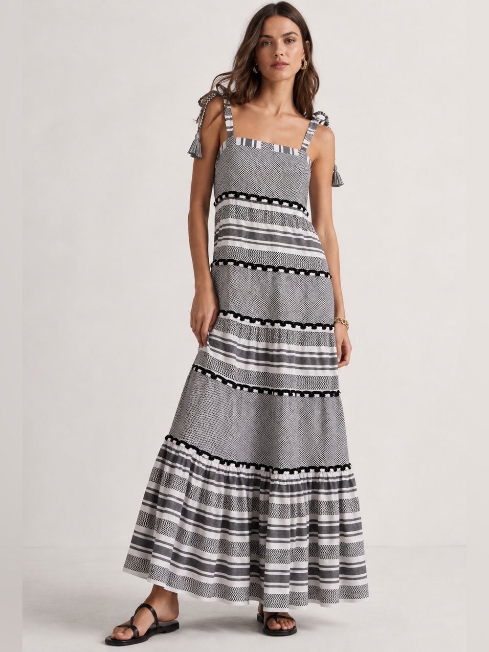 Veronica Beard Quartz Dress Black White Cotton Tassel Tie Maxi